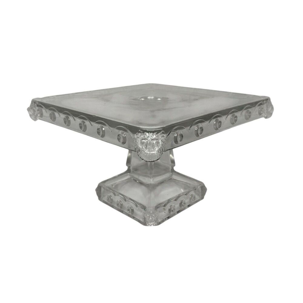 Rare Fostoria "Atlanta" Pattern Square Lion Glass Footed Pedestal Cake Stand - Picture 3 of 8
